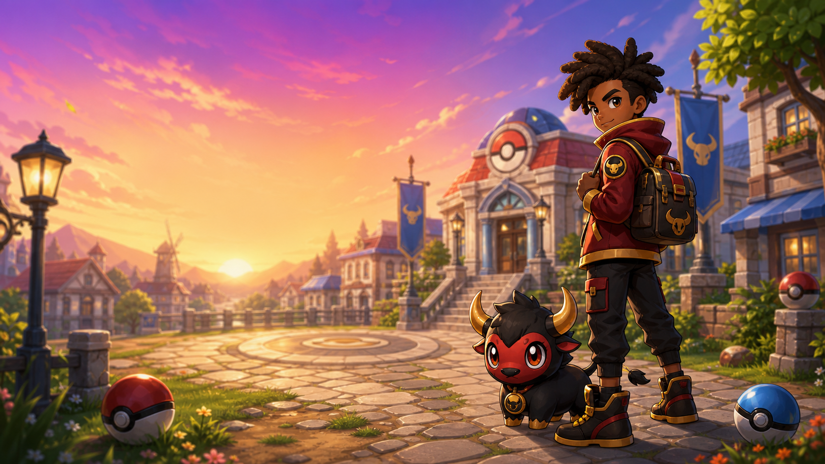 Ansem the Black Bull and his little bull companion standing in an ANSEMON handheld RPG town plaza